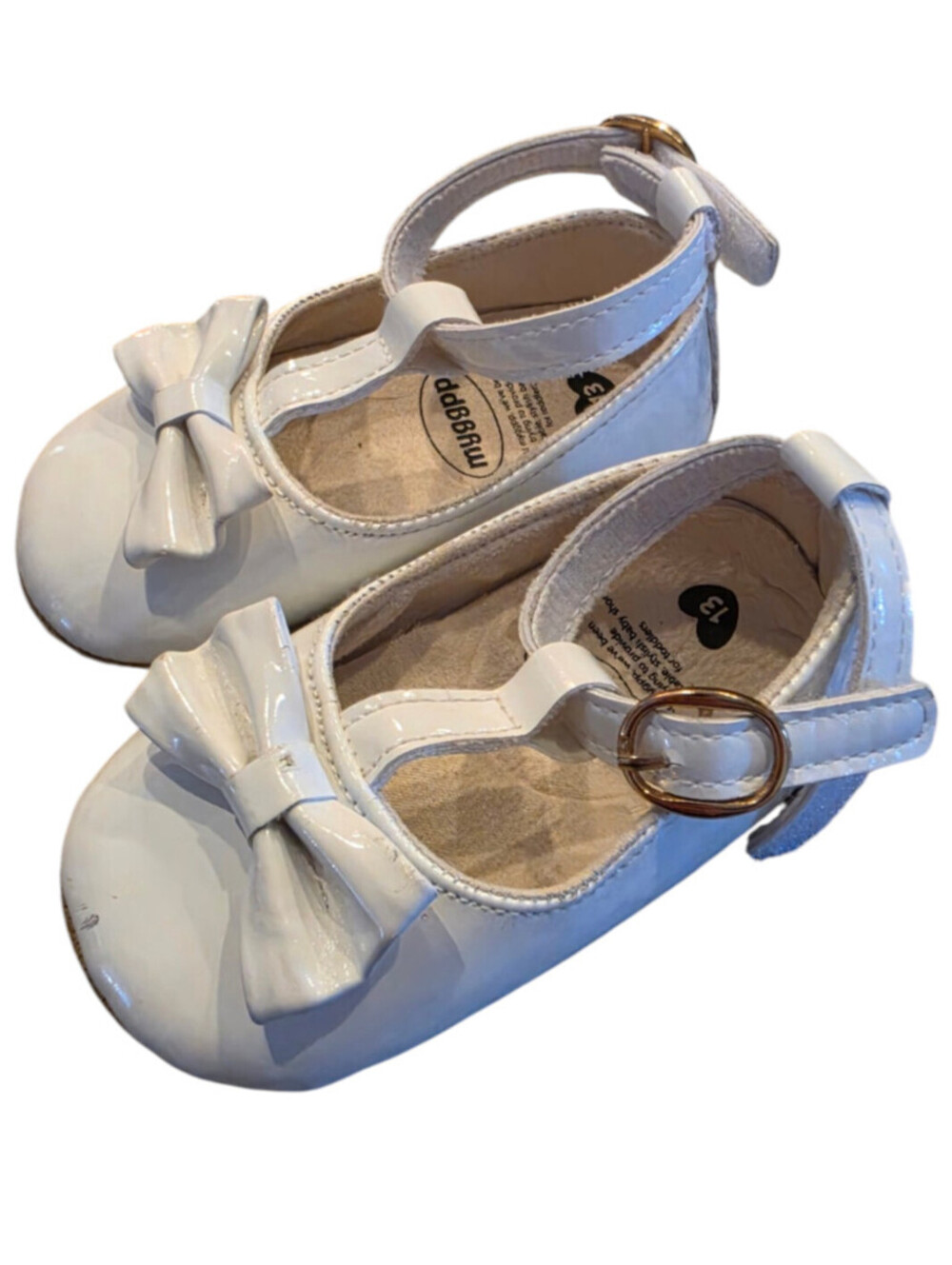 Myggpp Baby Girls Sz 12M Mary Jane Style Patent White Formal Shoes w/ Bow